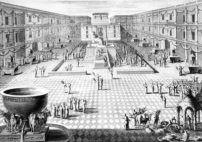 Reconstrucción de la realización de ceremonias en el Templo de Salomón durante el último día (Hoshannah Raba) del festival judío de Sucot, ilustración del Dictionnaire Historique de la Bible, 1722 de Augustin Calmet